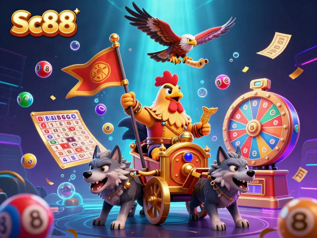Engage with Sc88 as the rooster warlord conquers the casino world with a vibrant chariot and dynamic game elements.