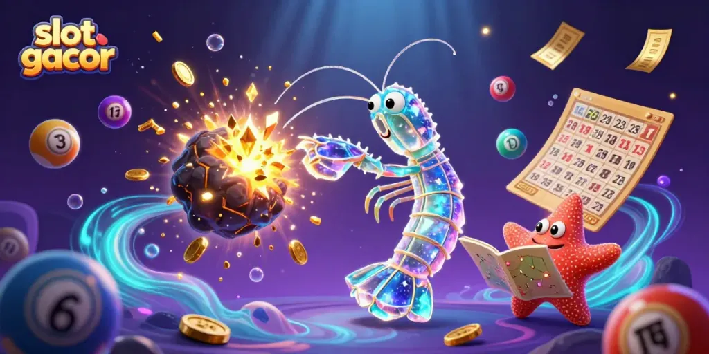 Dynamic slot gacor scene featuring a mantis shrimp and starfish with lottery balls, vibrant visuals in action.
