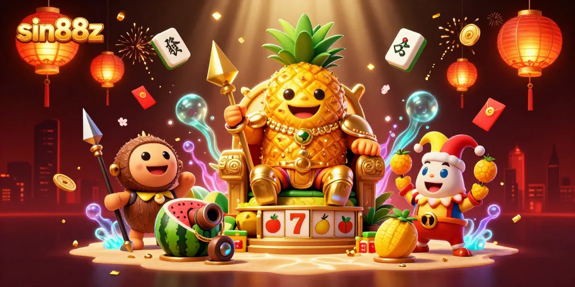Experience sin88z's vibrant casino scene with a golden pineapple king, slot reels, and lively characters.