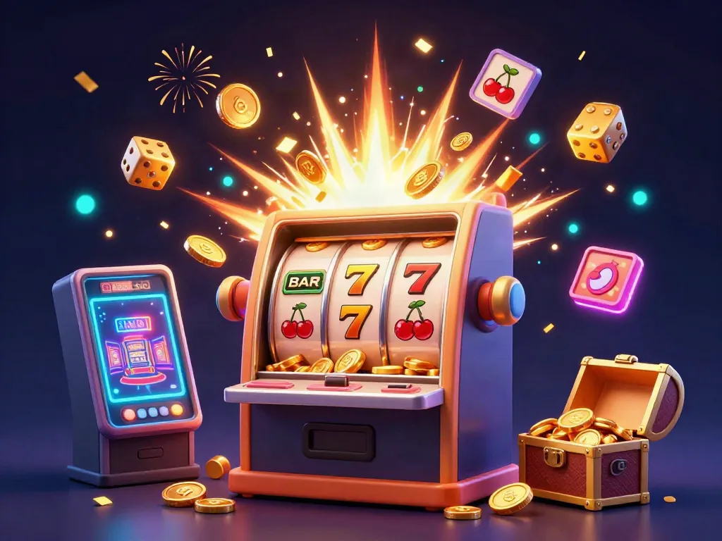 Gambarkan pengalaman bermain situs slot dengan mesin slot berkilau, simbol keberuntungan, dan suasana pesta.