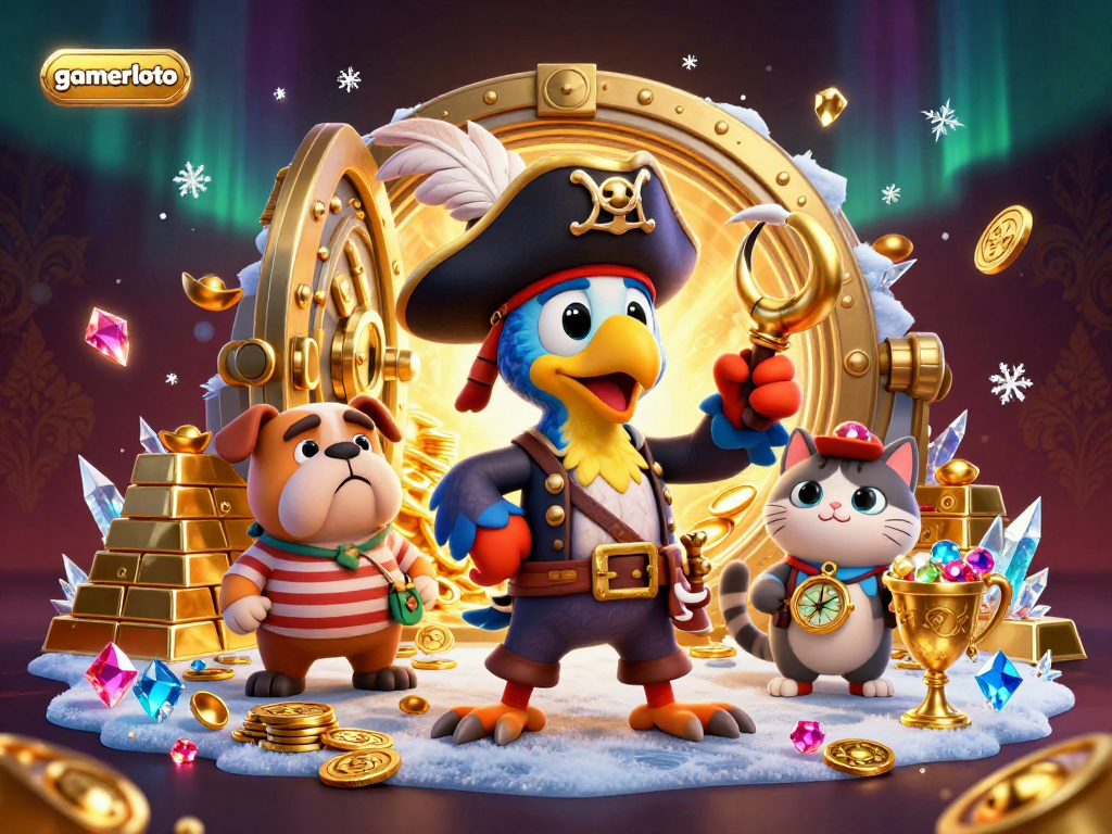 Engage with gamerloto's thrilling treasures in this vivid 3D casino scene filled with gems and gold.