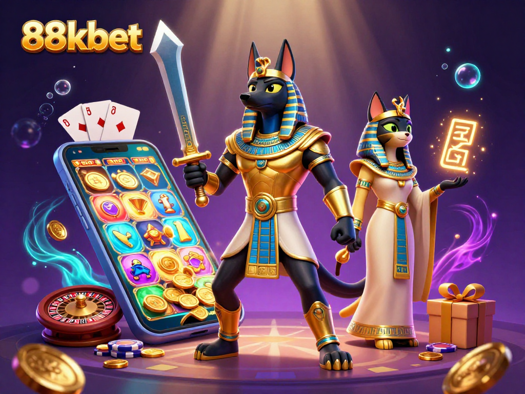 Engage with 88kbet's immersive 3D casino experience featuring Anubis and Bastet bringing luck.