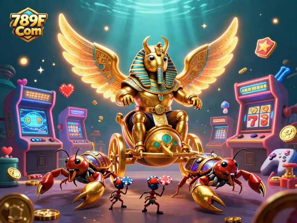 Engage in thrilling casino action with 789F Com, featuring a 3D cartoon beetle and golden scorpions.