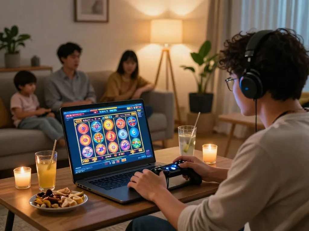 Player enjoying an online slot resmi game in a cozy living room.