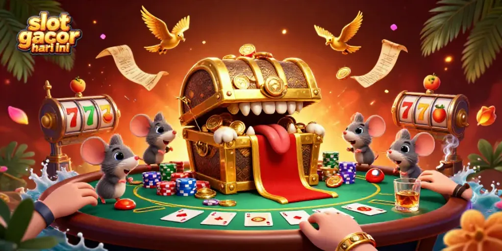 Engage with slot gacor hari ini through a vibrant 3D illustration of treasure luring adventurer mice in a lively casino scene.