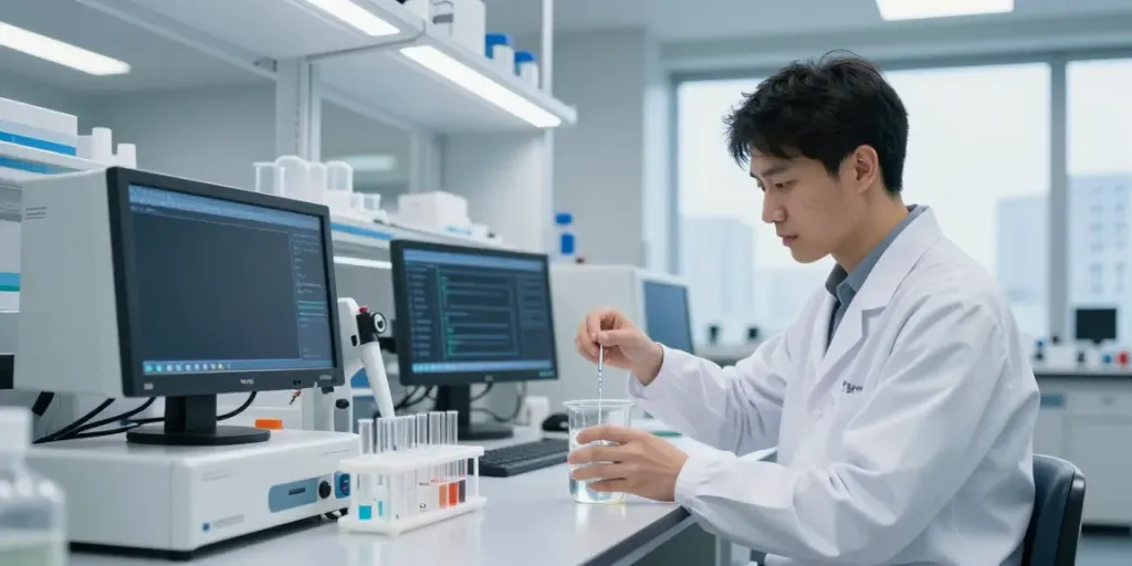 Researcher mixing lab-sourced peptides in a modern laboratory environment with high-tech equipment.