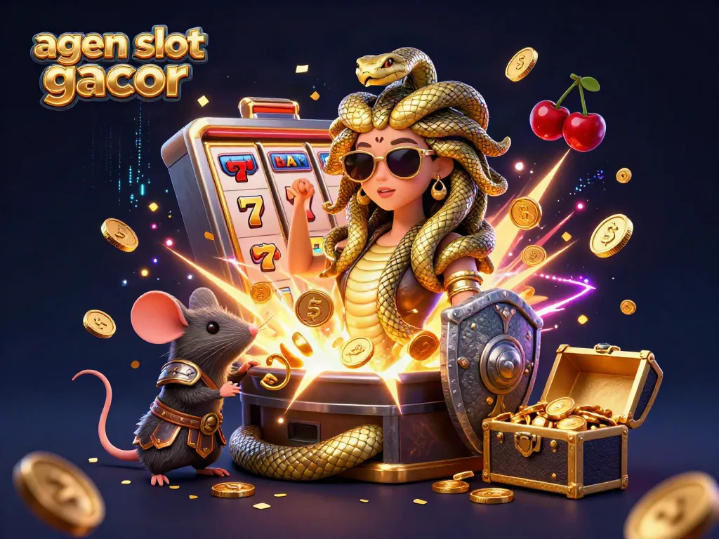 Experience the thrill of agen slot gacor with a vibrant 3D scene showcasing Medusa, a warrior mouse, and jackpot elements.
