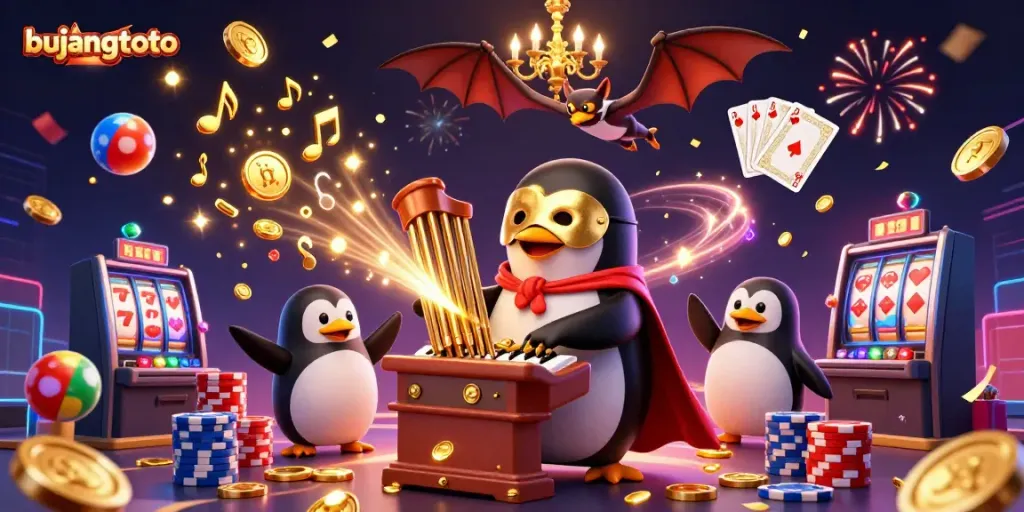 Bujangtoto showcases a cartoon penguin playing an organ shooting coins at a vibrant casino, surrounded by festive elements.
