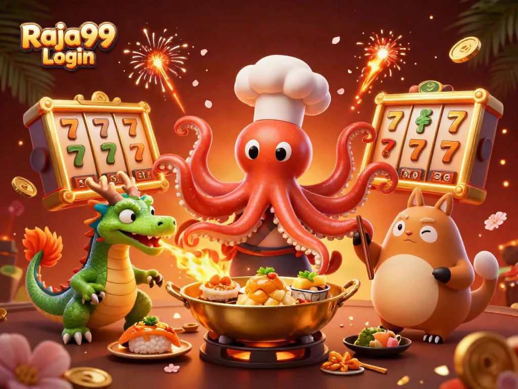 Menyambut Raja99 Login dengan ilustrasi penuh warna dan elemen permainan slot online menarik.