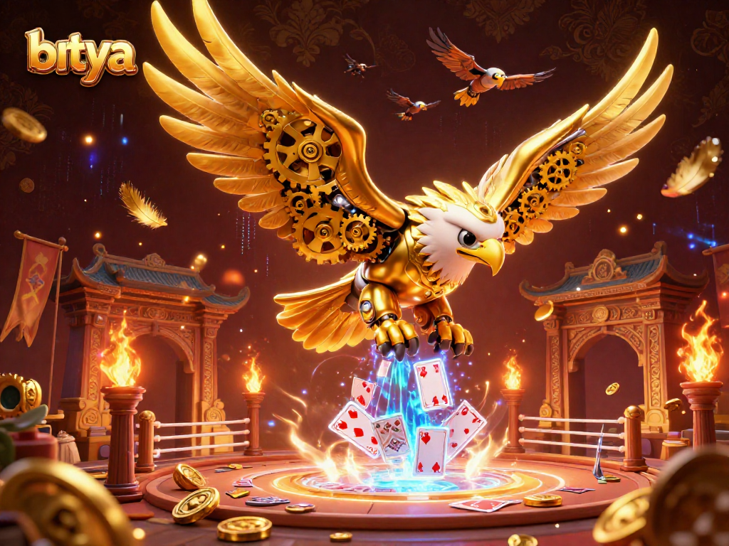 Betya features a thrilling 3D illustration of a golden eagle amidst flying cards and casino tokens.