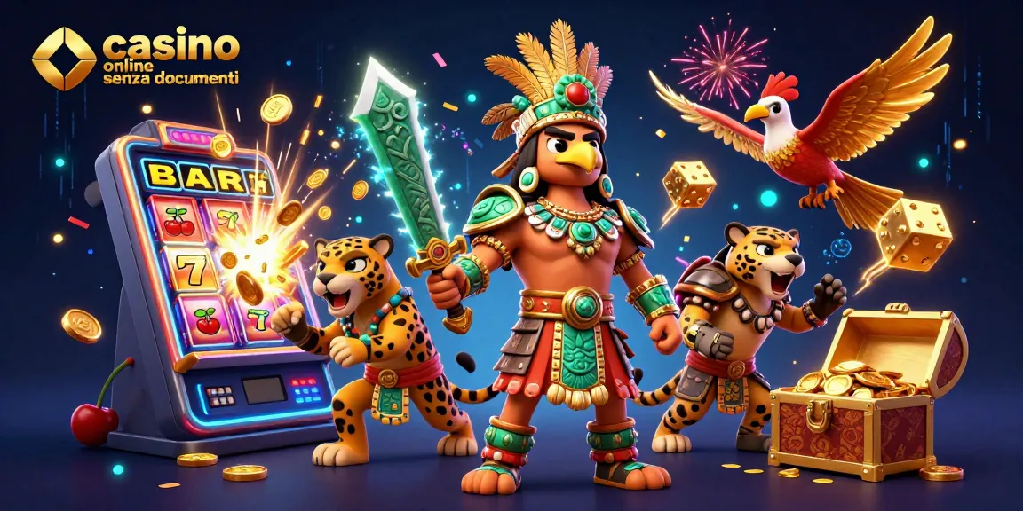 Gioca nel casino online senza documenti con un fiero guerriero azteco e simboli di fortuna che esplodono.