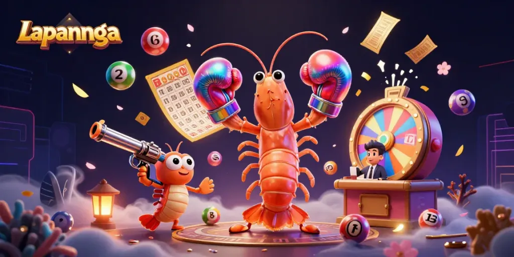Experience Lapannaga thrills with vibrant lottery elements alongside cartoon shrimp champions in a dazzling casino scene.