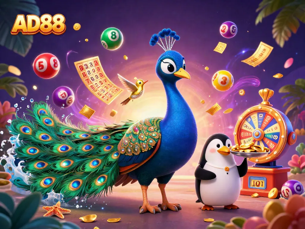 Engage in the colorful world of AD88 with lottery balls and vibrant casino elements, promoting exciting gameplay.