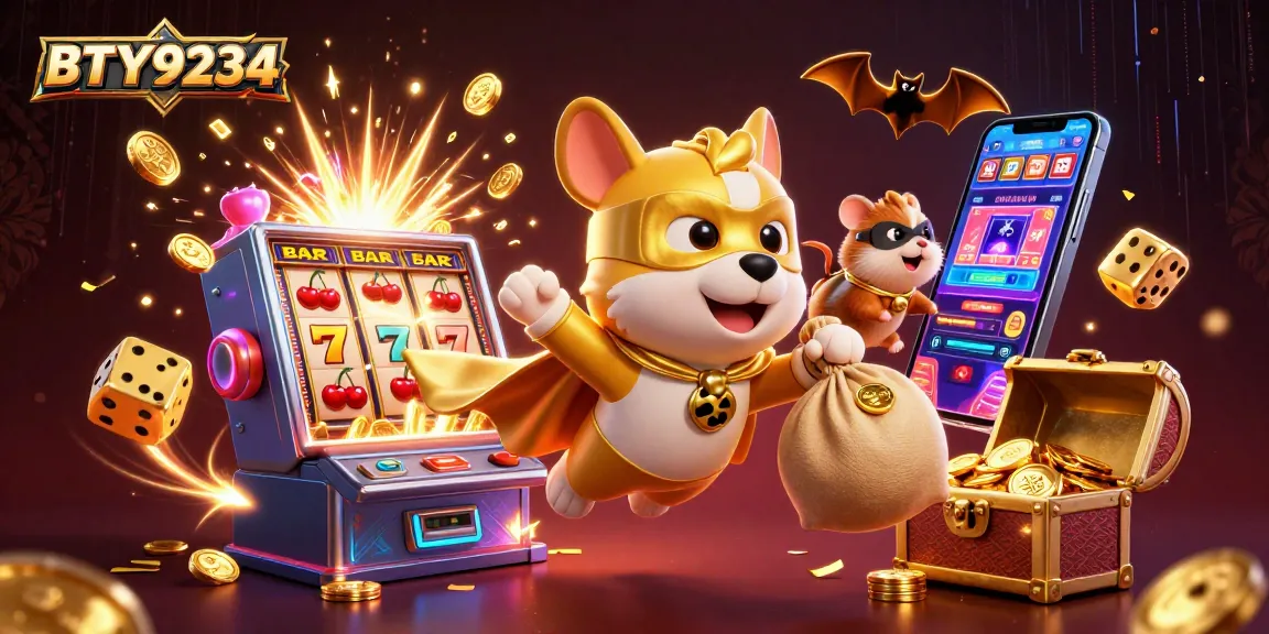 BTY9234 features a heroic dog and hamster in a vibrant casino explosion showcasing luck and wealth.