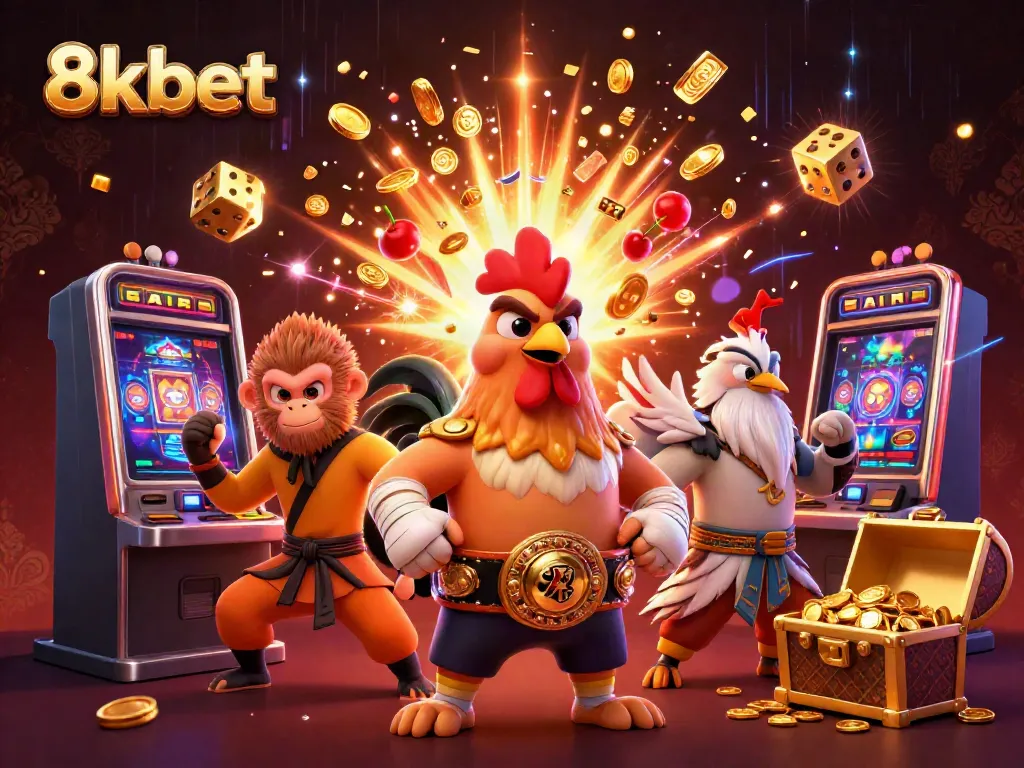 Engage with thrilling games at 8kbet featuring a Muay Thai rooster and a Shaolin monkey in a vibrant casino setting.