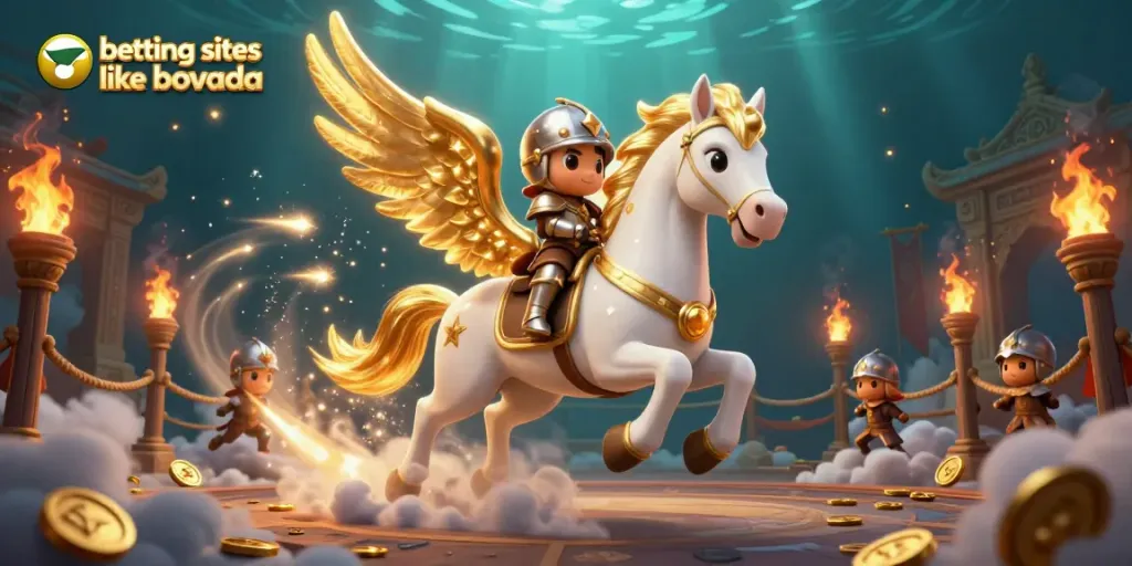 Experience gaming action with betting sites like bovada, featuring a celestial horse and knight in a thrilling casino arena.