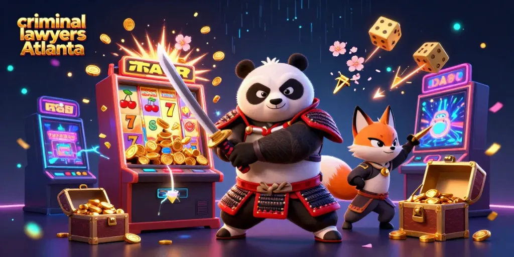 Engage with the dynamic scene of criminal lawyers Atlanta, featuring illustrated samurai panda and ninja fox amidst a casino jackpot.