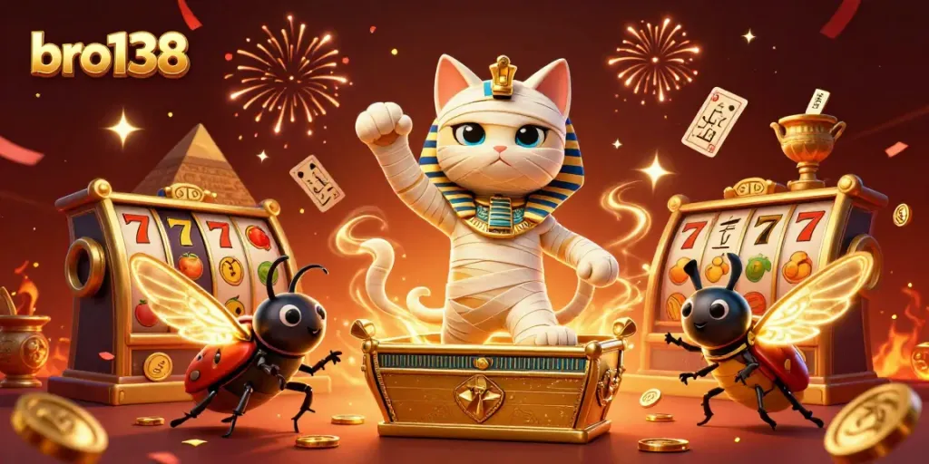 Experience the thrill of bro138 with a dynamic illustration of slots and Egyptian-themed characters.
