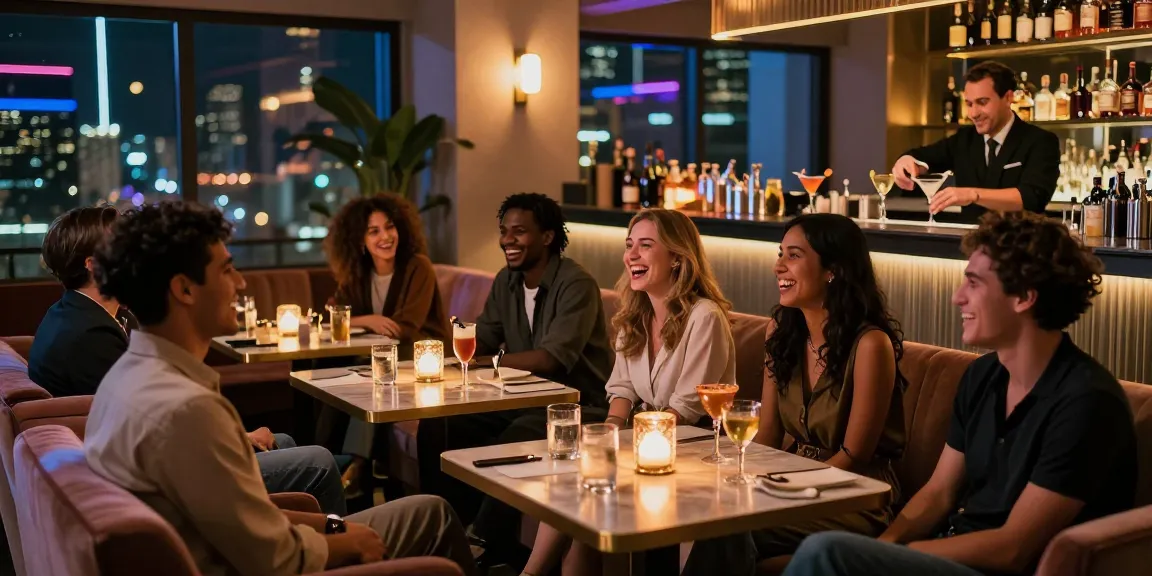 Energetic group enjoying the vibrant atmosphere at a popular 오피사이트 with modern decor and city skyline view.