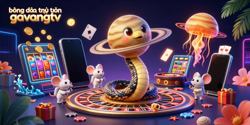Bóng đá trực tuyến gavangtv showcases a vibrant 3D cosmic casino scene with Saturn-themed roulette and playful astronaut mice betting.
