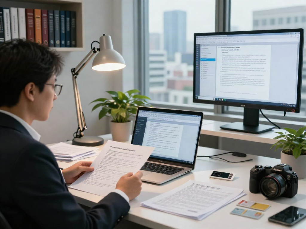 Document fraud detection analyst reviewing documents in modern office