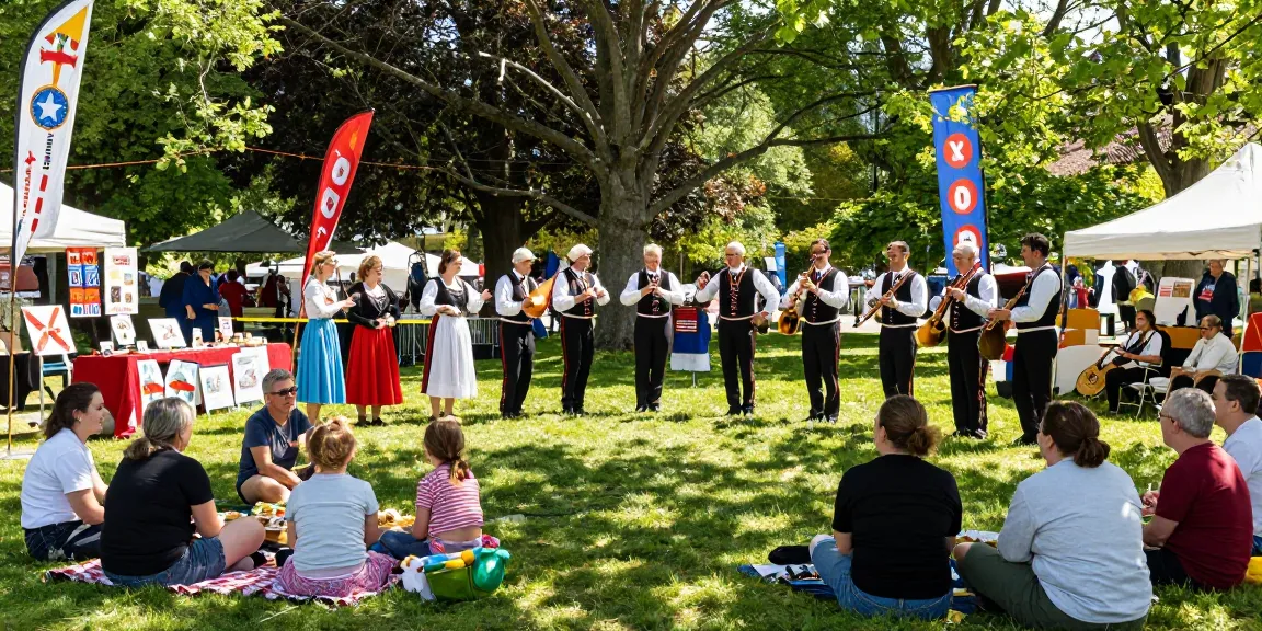 A lively Breton cultural festival at Park du Thabor featuring diverse participants enjoying music and traditional foods, resonating with m98.