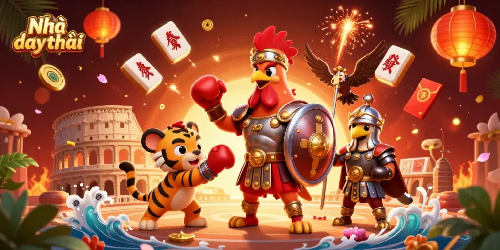 Experience top gambling action at Nhà cái uy tín with a 3D dynamic illustration of engaged characters.