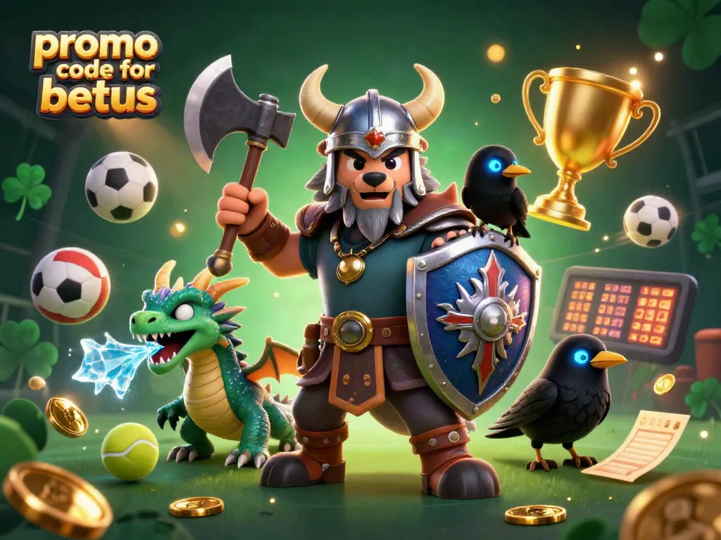Engage with the latest promo code for betus in a vivid 3D casino scene featuring Viking characters and sports elements.