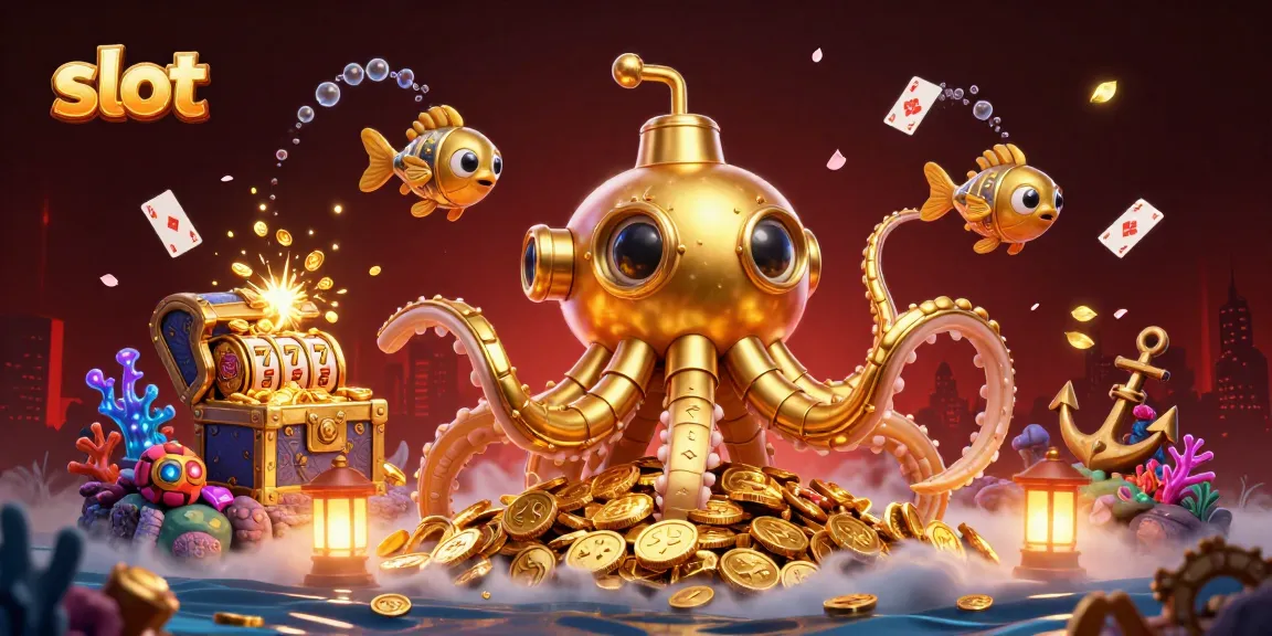 Menggali peluang menang slot gacor dengan simbol jackpot dan peti harta karun di tengah lautan koin emas.