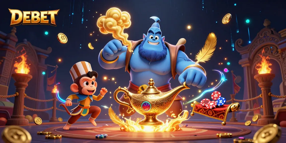 Experience DEBET's thrilling casino adventure with a muscular genie and mischievous monkey.