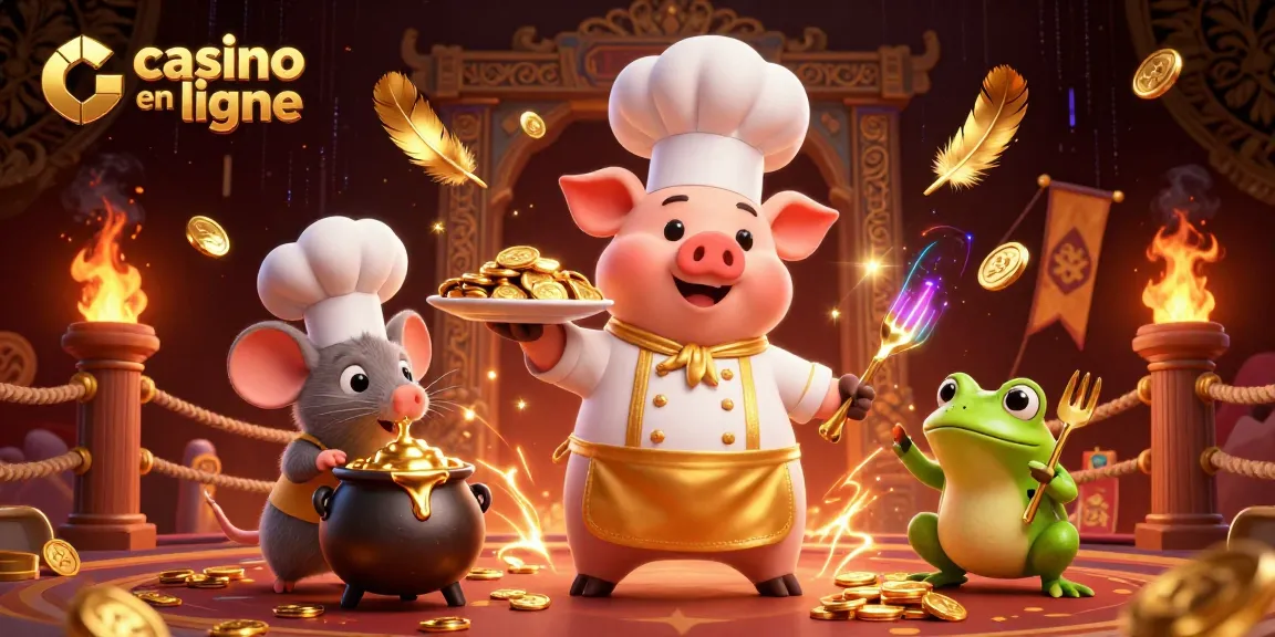 Gagnez des pièces d'or avec casino en ligne grâce à un chef cartoon et ses amis invités.