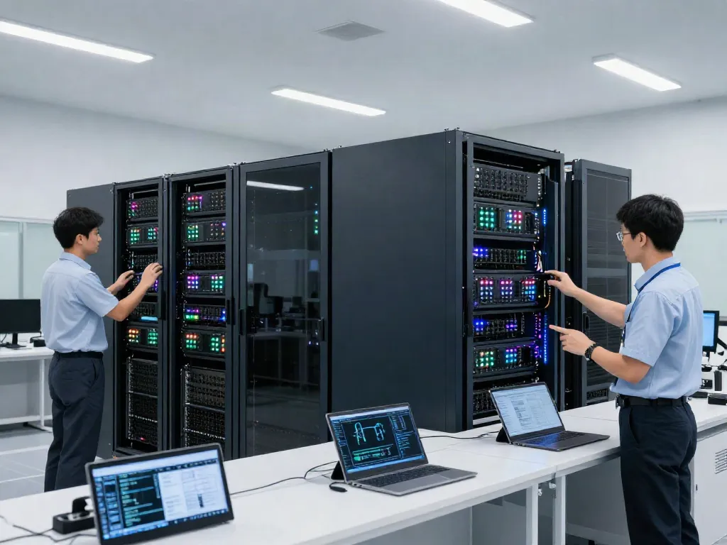 GPU computing infrastructure in a high-tech AI factory with technicians and advanced servers.