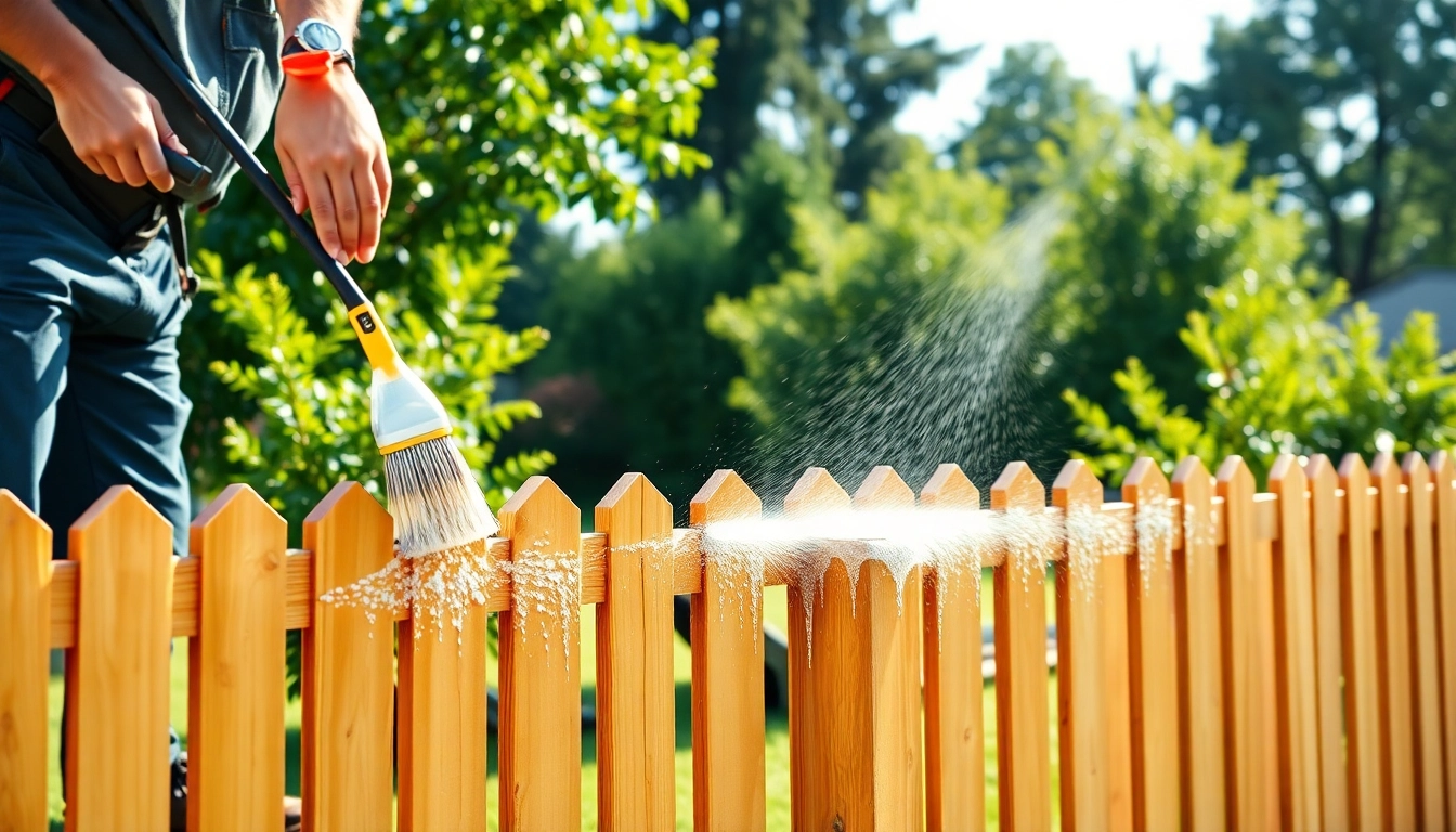 Efficient fence cleaning in a garden setting showcasing professionals at work.