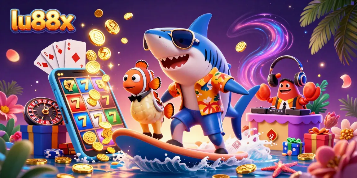 Witness exciting gameplay at lu88x with a fun 3D shark, vibrant slot elements, and dynamic casino atmosphere
