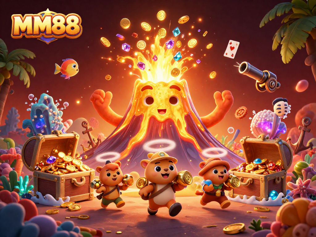 MM88 showcases thrilling gameplay with vibrant treasures, golden coins erupting, and dynamic casino elements.