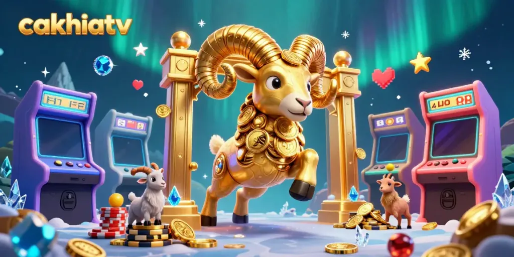 Cakhiatv showcases a golden ram charging through a vibrant casino-themed scene packed with arcade games and sparkling coins.