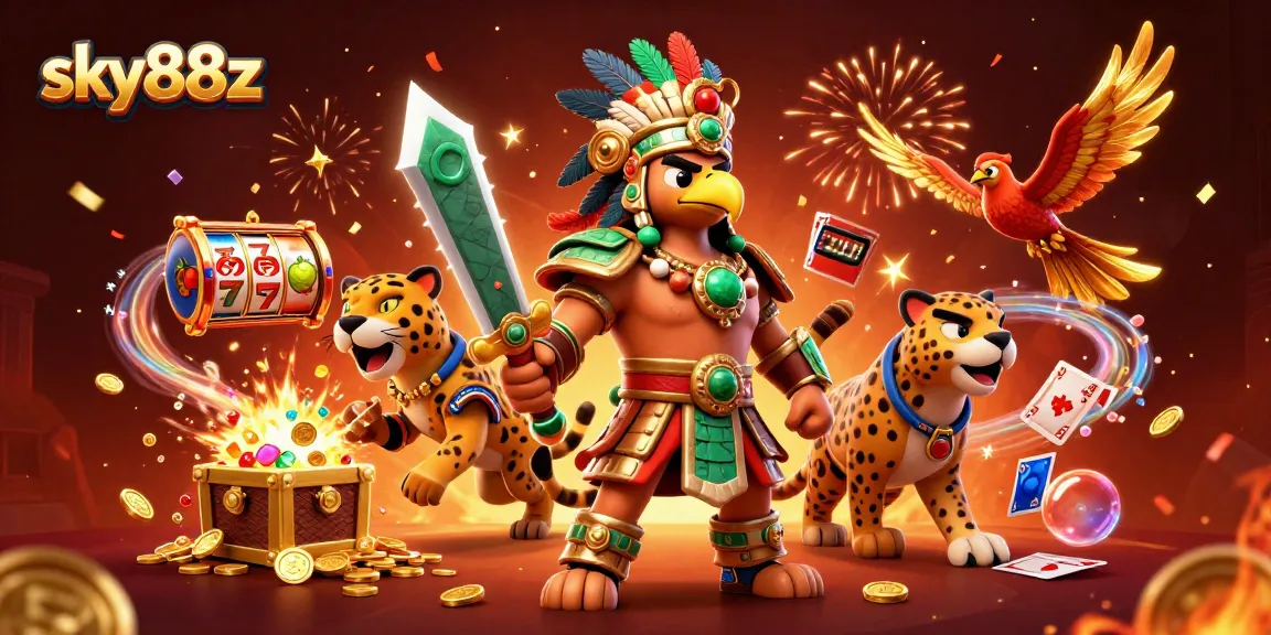 Experience sky88z's vibrant 3D casino world with Aztec warriors and slot symbols exploding with excitement.