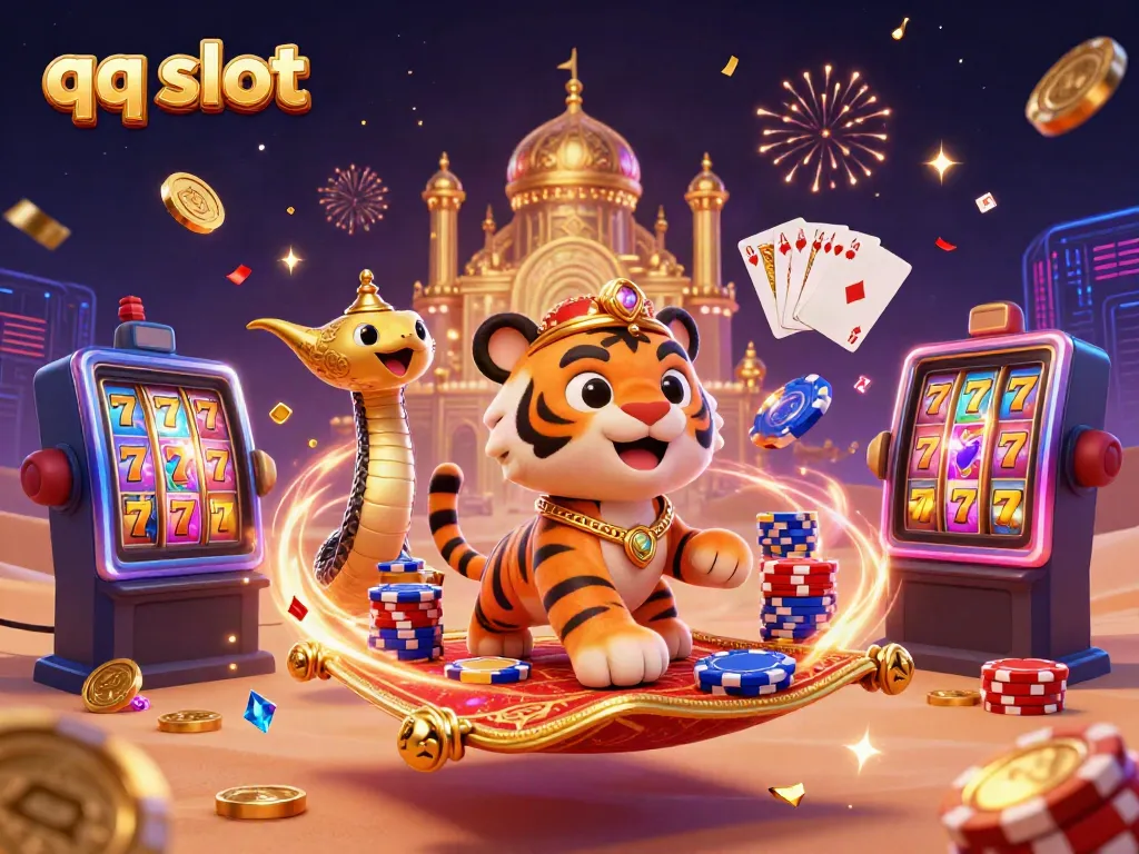 Experience the excitement of qq slot with a vibrant illustration featuring a sultan and slot machine elements.