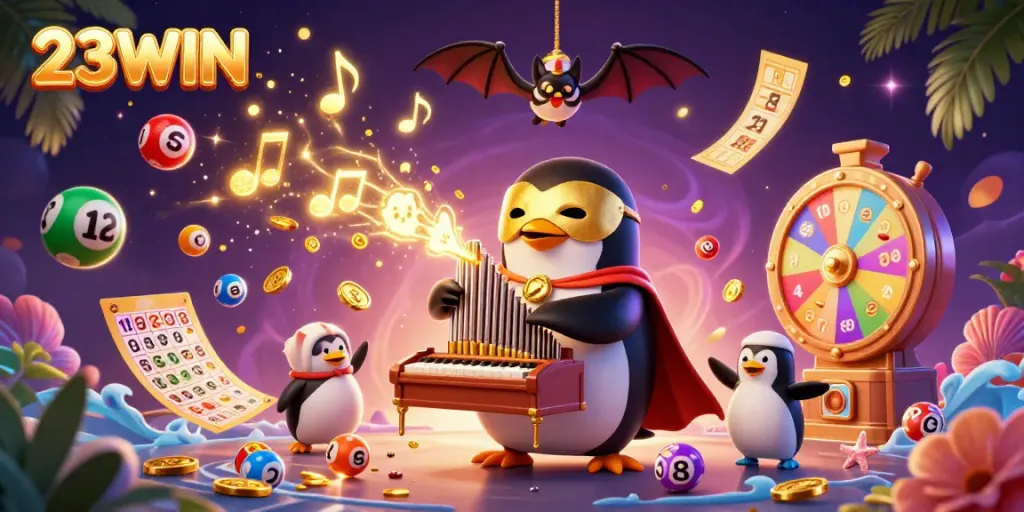 Experience the thrill of 23WIN with vibrant characters and lottery games in a rich casino scene.