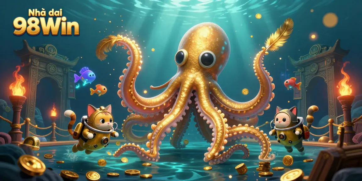 Engage with Nhà cái 98Win and explore exciting treasures in this vibrant cartoon scene of underwater gambling fun.