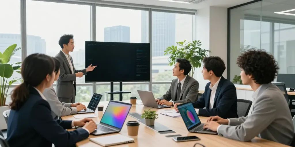 Business team discussing strategies and ideas in a modern office during a meeting to learn how to effectively visit website resources.