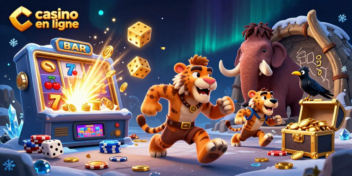 Découvrez le casino en ligne avec la illustration d'une scène animée comprenant des personnages préhistoriques et des machines à sous.
