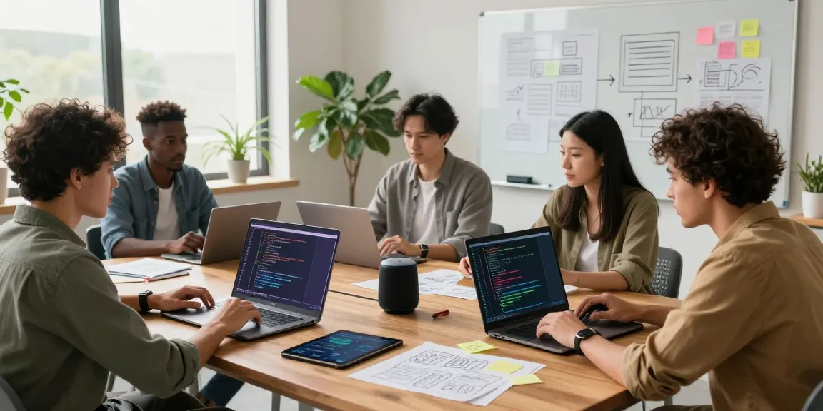 Build internal tools with AI in a collaborative tech workspace showcasing teamwork, coding, and creative planning.
