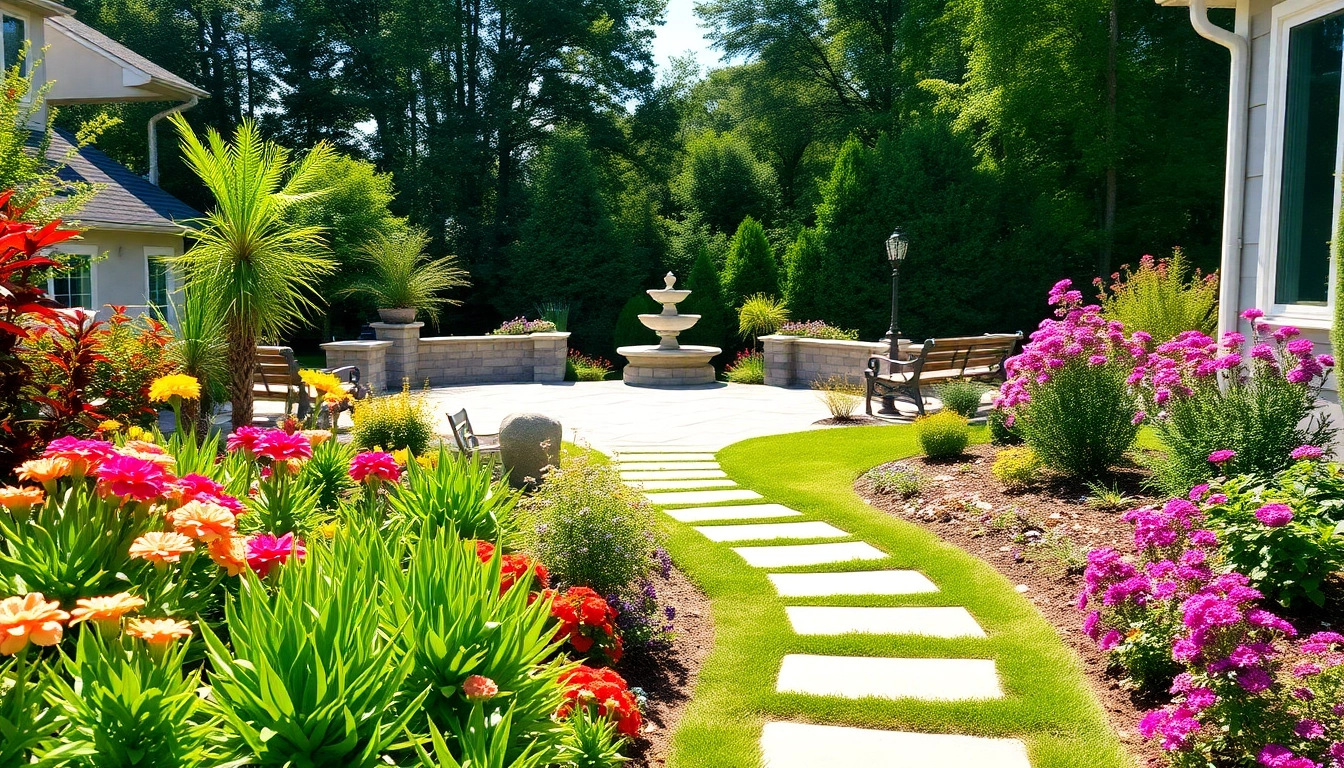 Vibrant backyard landscaping with flower beds, stone pathway, and water feature.