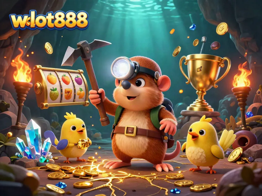 Menang jackpot dengan wslot888, karakter penambang dan canary di depan gulungan slot berkilauan.