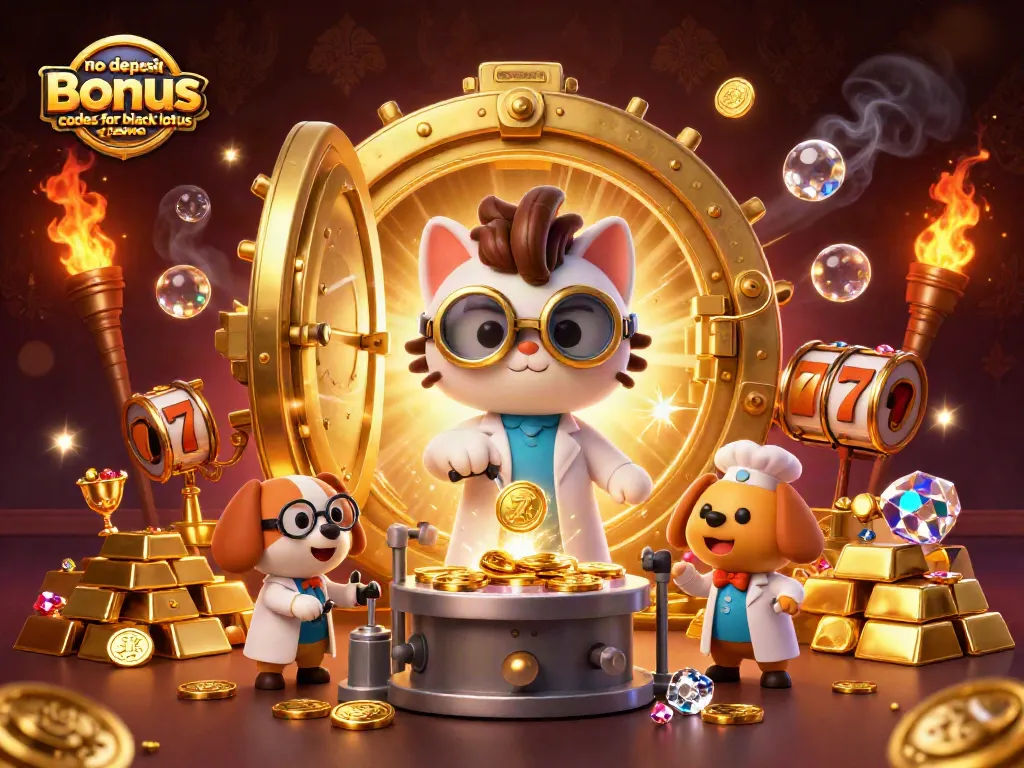 Engage with no deposit bonus codes for black lotus casino featuring a vibrant lab scene with gold coins and slot machine elements.