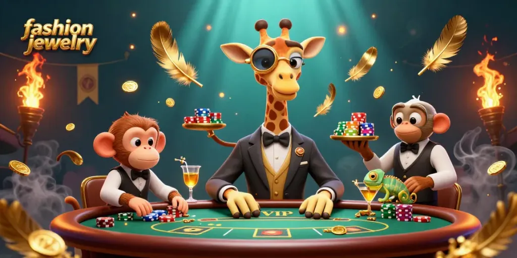 Win in style with fashion jewelry amidst a lively poker scene featuring vibrant characters.