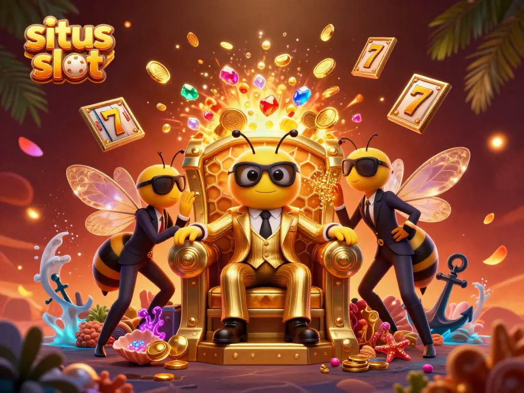 Gambarkan pengalaman situs slot dengan simbol jackpot dan karakter kartun di latar belakang cerah.