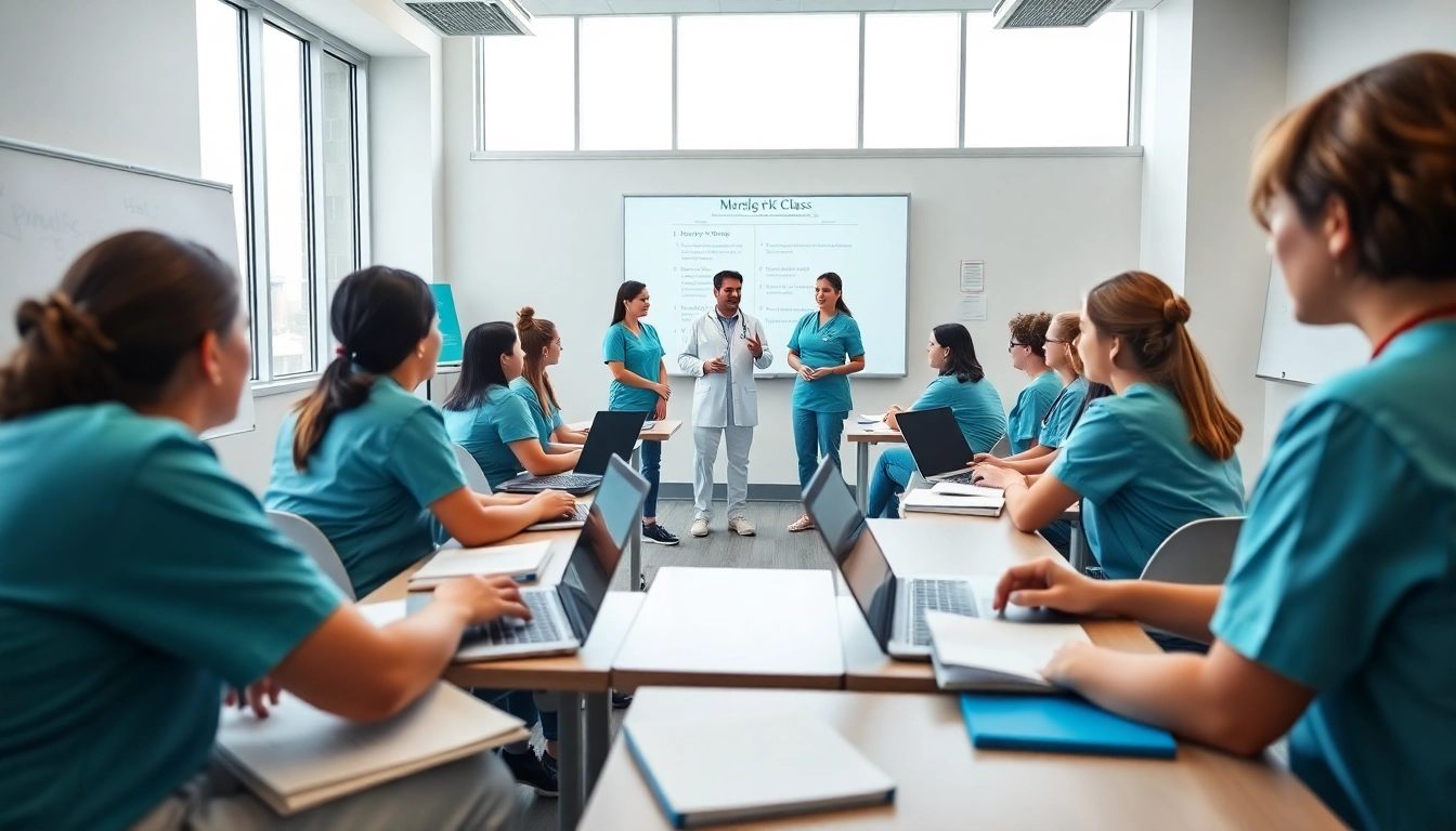 Students in an engaging in person Nclex review in Houston learning from an instructor in a bright classroom.