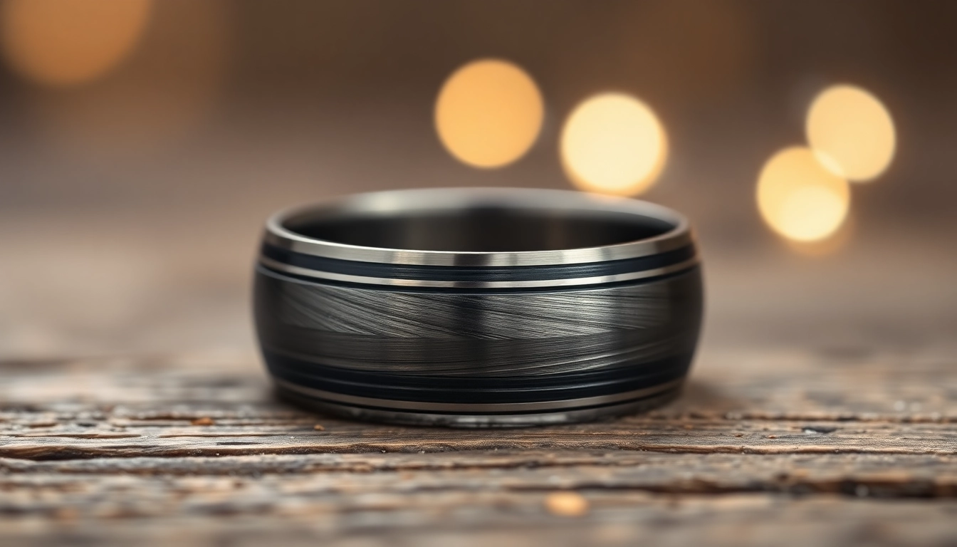 Showcase Gunmetal Wedding Bands for Men with a brushed finish on a rustic wooden surface.